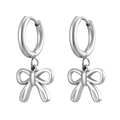 Detailed close-up of silver bow pendant earrings with high-polish finish on white background - Steel