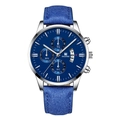 Detail view of the silver case and blue leather strap on this chronograph calendar watch - Blue Strap Silver Case Blue Dial Silver Hands