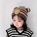 Brown and beige striped baby knit hat with bear ears and cute embroidery patch - Reference Age: 3--36 Months/40-50cm / Coffee - Striped Bear