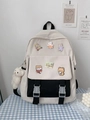 Crème en zwarte Harajuku-schoolrugzak met badges en een pluche beer hanger - Zonder Hanger / Zwart