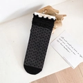 Elegant black lace crew socks with ruffled cuffs and hollow vintage floral pattern - One Size / Leaf / Black