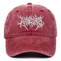 Detail of silver gothic embroidery on burgundy washed cotton baseball cap with vintage finish - Burgundy