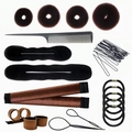 Brown and black hair styling set including bun makers and tools on white background - 36-Piece Coffee Set / Brown