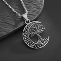 Vintage silver tree of life crescent moon pendant with box chain on dark stone base - Silver