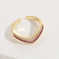Elegant gold-plated V-shaped open ring featuring pink rectangular gems and white crystals - Red Zirconia (JZ0154-2)