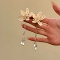 Elegant hand-beaded floral drop earrings with pearl tassels in cream finish - Earrings (Silver Post-Silver-Khaki-White)