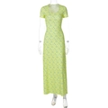 Detail of floral print on lime green summer dress with slim fit and round neckline - S / Yellow