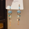 Detailed close-up of S925 vintage drop earrings with blue crystal beads and golden chains - Style 16# Silver Pin-Blue-Waterdrop