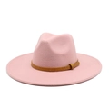 Detailed view of pink wool fedora hat featuring a brown snake pattern belt with gold buckle - M (56-58cm) / Dusky Pink