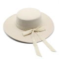 Elegante cappello in feltro di lana crema con nastro in pizzo e fiocco decorativo chic - M(56-58cm) / Beige