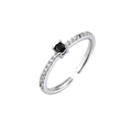 Macro detail of silver adjustable ring featuring a black round zircon and pave setting - Adjustable Open / Platinum Black Zirconia