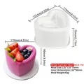 White heart-shaped silicone mousse cake mold with finished pink heart cake and dimensions - Single Groove Heart MCM-708