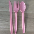 Pink plastic cutlery set with knife fork and spoon featuring diamond texture handles - Pink Forks / 24 Pieces