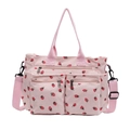 Pink corduroy tote bag with strawberry print, double handles, and adjustable strap - Strawberry Pink