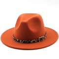 Close-up of orange wool fedora with leopard print band and gold buckle detail - M (56-58cm) / Caramel
