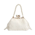 Chic white faux fur shell bag with elegant pearl handle and gold sphere clasp - White