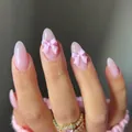 24pcs pink jelly almond press-on nails with 3D ribbon bow accents for women - BZ1449 Pink 3D Bow / Glue Type