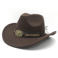 Classic dark brown felt cowboy hat with vintage bull head buckle on a white background - M (56-59cm) / Brown