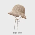 Light khaki hollow knit sun hat for women featuring a golden logo and windproof straps - Adjustable (54-58cm) / Light Khaki