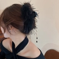 Detail of elegant black feather hair claw with golden chain tassels and drop pendant - Large Black Feather Claw With Tassel (3#)