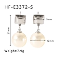 Detail showing 27mm geometric pearl earrings with precise 12mm bead diameter and weights - Silver Style (HF-E3372-S)