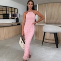 Detail showing the pleated pink fabric and high neck strap of this elegant backless dress - XS / Pink