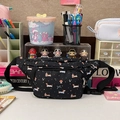 Black dachshund print waist bag with adjustable strap and multiple zip compartments - Black
