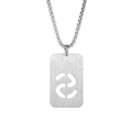 Detail of silver titanium steel military tag necklace with hollowed interlocking patterns - Letter S