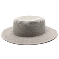 Detailed close-up of the woven texture and flat top design of this straw boater hat - M (56-58cm) / Gray