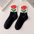 Women's black and white crew socks with red tulip flower pattern in cotton blend - Red Tulip / Black