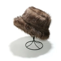 Detail showing the thick brown faux fur texture of the warm winter bucket hat on a stand - M(56-58cm) / Brown