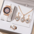 Close-up of rose gold watch set with crystal heart necklace, earrings and ring in a box - 5-Piece Set (No Box) / White Heart Set