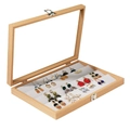 Natural wood jewelry display box with glass lid and gray velvet slots for earrings - 4-Tier Earring Jewelry Box / 35.7*25*3cm