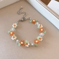Handmade beaded flower bracelet in orange white and green with adjustable silver lobster clasp - 35# Bracelet-Orange-White