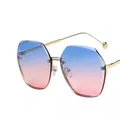 Chic rimless oversized sunglasses with blue pink gradient lenses and gold temples - Blue Pink Gradient