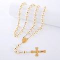 Rosario de cuentas blancas 8mm con crucifijo y medalla chapados en oro 18 quilates - Cuentas Blancas (Metal Dorado)