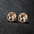 Minimalist stainless steel world map earrings in gold finish on black textured background - 130 World Map / Rose Gold