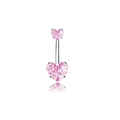Piercing de nombril avec zircon rose en forme de cœur et tige courbée en acier poli - Double Cœur Rose