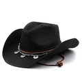 Détail du chapeau de cowboy en paille noire avec ruban gemme et cordon réglable - Noir