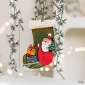 Green Christmas stocking wooden ornament with Santa and tree motifs, 13.5cm x 9.5cm - Santa Gift Box Wooden Stocking