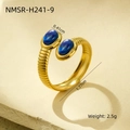 Golden titanium steel open ring with dual oval blue natural stones and textured band - One Size / Dark Blue