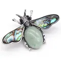 Broche abeille en argent vintage avec pierre de jade verte et ailes en nacre irisée - Aventurine Verte
