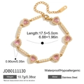 Detail of gold stainless steel heart bracelet with pink stones and technical specs - Gold Heart Pink Stone Bracelet(JDB0111130)