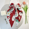 Dark red floral bow hair clip with vintage white flower print and long ribbons - Red Camellia Print Ribbon