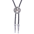 Silberne Vintage-Western-Bolo-Krawatte mit graviertem Stern-Metallschieber und Lederkordel - Sternmuster Antiksilber
