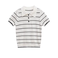 Short sleeve white polo knit top with horizontal black stripes and button collar - S / Tops / White