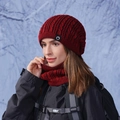 Winter-Set aus Strickmütze und Schal in Rot-Schwarz mit dickem Fleecefutter für Damen - Burgunderrot