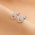 Silver-plated heart stud earrings with white zircon stones and screw-back closure - Heart Rhinestone Style (A61)