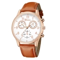 Detail of rose gold watch case with white dial and stitched brown leather strap - Rose Gold Case Rose Gold Hands White Dial Brown Strap