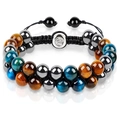Double-layered braided tiger eye stone bracelet with adjustable cord and silver bead - 7A Blue Tiger Eye Triangle Arrangement with Buckle